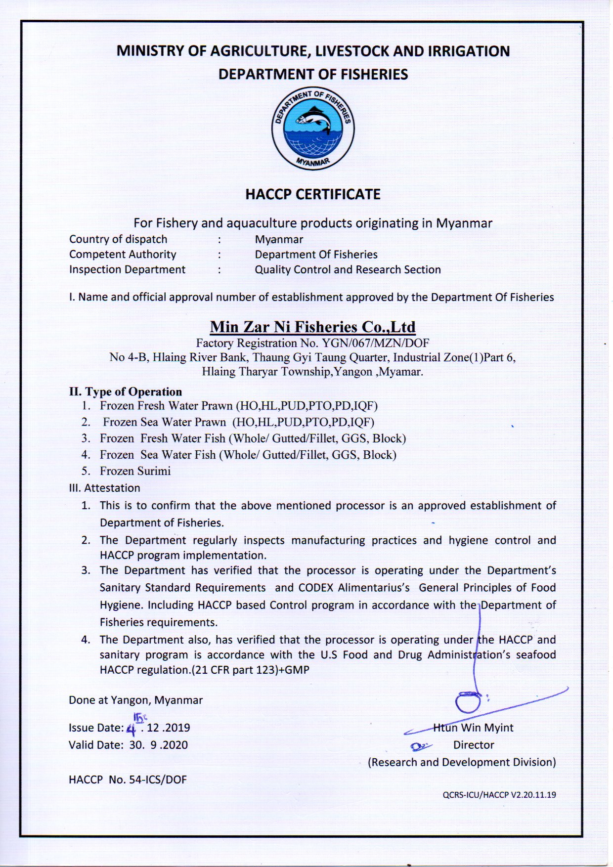 HACCP Certificate No.54-ICSDOF